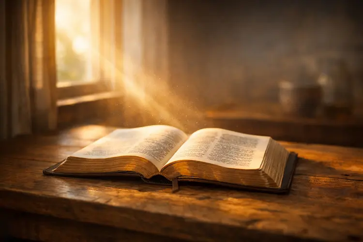 Bíblia aberta iluminada por luz natural representando o significado de fé segundo a Bíblia.