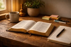 Bíblia aberta sobre mesa de madeira com caderno de anotações e caneta ao lado, iluminada por luz natural, representando estudo bíblico organizado.