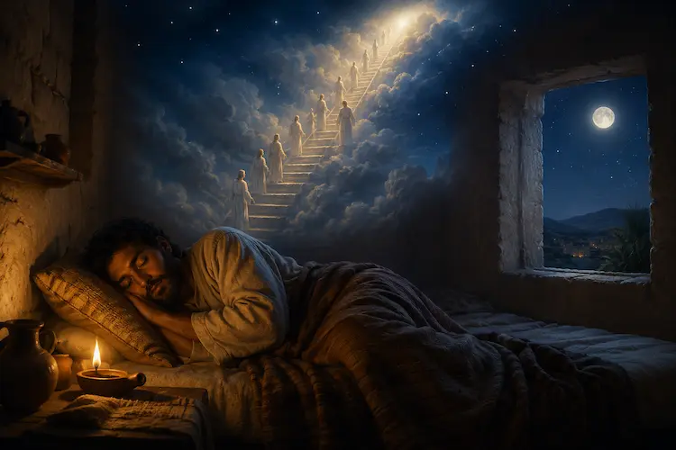 Homem dormindo em um quarto simples enquanto uma visão celestial com escada luminosa aparece no céu, representando sonhos e significados à luz da Bíblia.