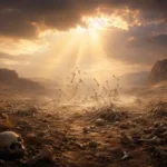 Vale desértico com ossos secos espalhados pelo chão enquanto uma luz divina atravessa as nuvens, simbolizando a visão de Ezequiel 37.
