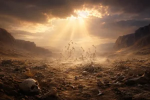 Vale desértico com ossos secos espalhados pelo chão enquanto uma luz divina atravessa as nuvens, simbolizando a visão de Ezequiel 37.