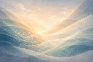 Ilustração abstrata representando expansão ordenada e multiplicação guiada por estrutura, com formas orgânicas em tons frios e composição equilibrada.