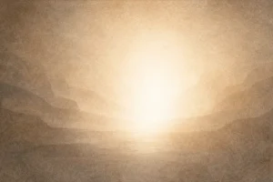 Ilustração editorial abstrata representando a emergência da luz como princípio de ordem e estrutura, com contrastes sutis entre luz e sombra e texturas inspiradas em pergaminhos antigos.