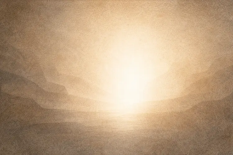 Ilustração editorial abstrata representando a emergência da luz como princípio de ordem e estrutura, com contrastes sutis entre luz e sombra e texturas inspiradas em pergaminhos antigos.