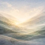 Ilustração editorial abstrata representando a criação ordenada da vida terrestre em Gênesis 1:24, com formas estruturadas e paleta fria e neutra.