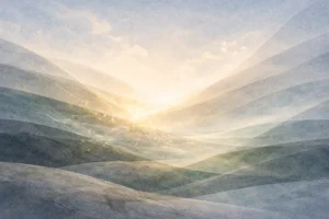 Ilustração editorial abstrata representando a criação ordenada da vida terrestre em Gênesis 1:24, com formas estruturadas e paleta fria e neutra.