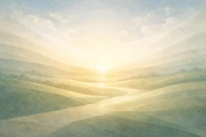 Ilustração abstrata em tons suaves representando harmonia, cuidado e equilíbrio como princípios da criação, com formas leves e organizadas em composição serena.