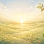 Ilustração abstrata em tons suaves representando provisão e cuidado na criação, com formas equilibradas e atmosfera acolhedora.