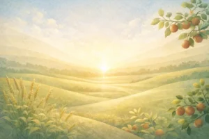 Ilustração abstrata em tons suaves representando provisão e cuidado na criação, com formas equilibradas e atmosfera acolhedora.