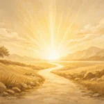 Caminho iluminado seguindo em direção ao horizonte dourado, simbolizando a busca pelo Reino de Deus e a centralidade da vontade divina na vida