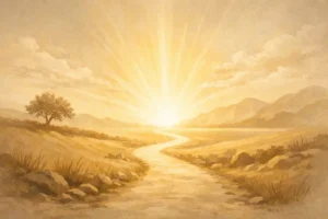 Caminho iluminado seguindo em direção ao horizonte dourado, simbolizando a busca pelo Reino de Deus e a centralidade da vontade divina na vida