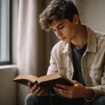 Jovem da Geração Z lendo a Bíblia em ambiente contemporâneo, em momento de reflexão silenciosa e busca por significado espiritual.