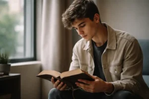 Jovem da Geração Z lendo a Bíblia em ambiente contemporâneo, em momento de reflexão silenciosa e busca por significado espiritual.