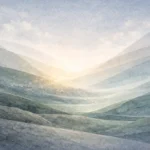 Ilustração abstrata representando a organização e diversidade da vida terrestre na criação bíblica, com formas estruturadas e estáveis em tons frios e neutros.