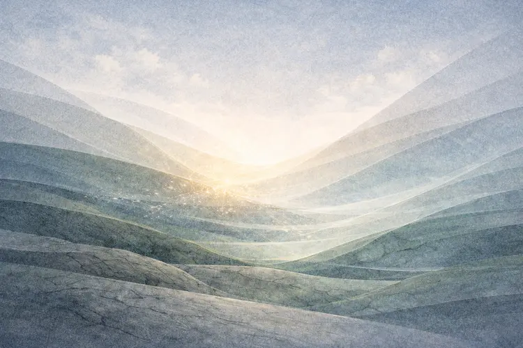 Ilustração abstrata representando a organização e diversidade da vida terrestre na criação bíblica, com formas estruturadas e estáveis em tons frios e neutros.