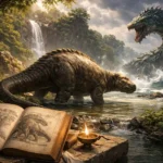 Ilustração editorial do Behemot e do Leviatã inspirados no livro de Jó, representando criaturas simbólicas descritas na Bíblia em um cenário antigo com manuscritos e paisagem natural.