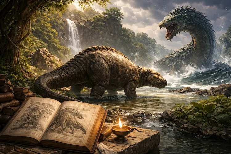 Ilustração editorial do Behemot e do Leviatã inspirados no livro de Jó, representando criaturas simbólicas descritas na Bíblia em um cenário antigo com manuscritos e paisagem natural.