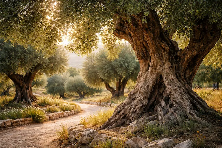 Oliveiras milenares de Israel com troncos retorcidos e raízes expostas em paisagem seca do Oriente Próximo