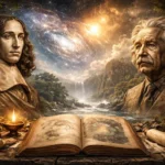 Ilustração simbólica com Spinoza e Einstein em lados opostos, natureza e cosmos ao fundo, representando a ideia de Deus como ordem do universo.
