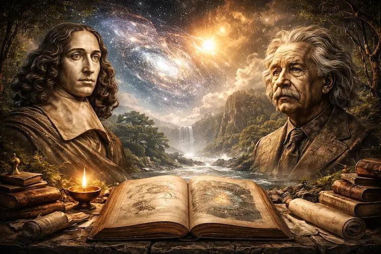 Ilustração simbólica com Spinoza e Einstein em lados opostos, natureza e cosmos ao fundo, representando a ideia de Deus como ordem do universo.