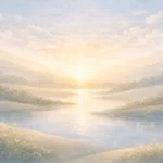 Ilustração abstrata suave representando descanso e conclusão da criação divina, com paisagem tranquila e atmosfera serena.