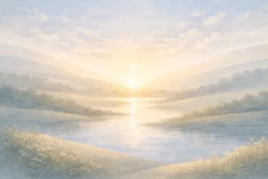 Ilustração abstrata suave representando descanso e conclusão da criação divina, com paisagem tranquila e atmosfera serena.