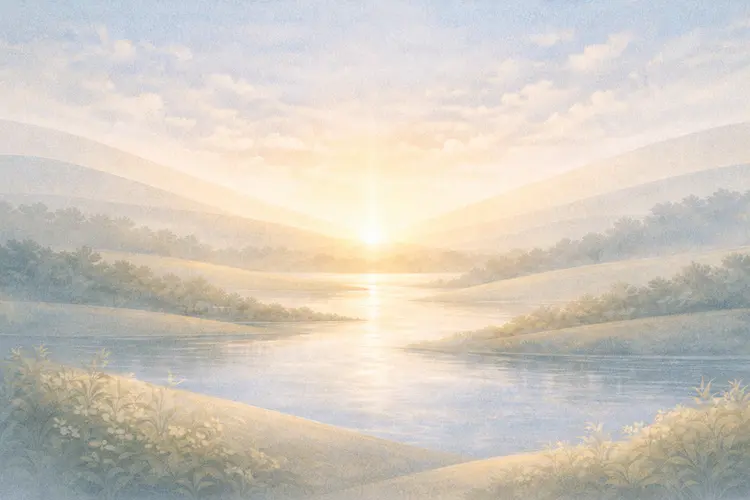 Ilustração abstrata suave representando descanso e conclusão da criação divina, com paisagem tranquila e atmosfera serena.