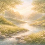 Ilustração editorial em tons pastéis suaves representando descanso e harmonia após a criação, com paisagem natural serena e atmosfera acolhedora.