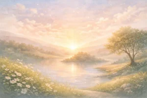 Ilustração abstrata em tons suaves representando descanso e santificação no sétimo dia da criação, com atmosfera serena e equilibrada.