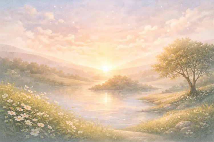 Ilustração abstrata em tons suaves representando descanso e santificação no sétimo dia da criação, com atmosfera serena e equilibrada.