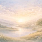 Ilustração abstrata em tons pastéis representando transição e continuidade na narrativa da criação bíblica, com formas suaves e sensação de passagem entre etapas.