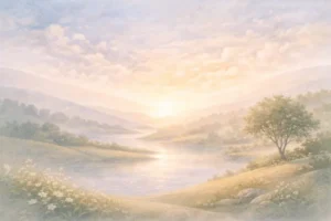 Ilustração abstrata em tons pastéis representando transição e continuidade na narrativa da criação bíblica, com formas suaves e sensação de passagem entre etapas.