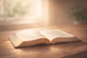 Bíblia aberta sobre superfície de madeira, iluminada por luz suave, simbolizando leitura e reflexão bíblica.