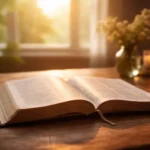 Bíblia aberta sobre mesa de madeira iluminada pela luz suave da manhã, com atmosfera serena e sensação de novo começo.