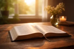 Bíblia aberta sobre mesa de madeira iluminada pela luz suave da manhã, com atmosfera serena e sensação de novo começo.