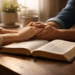 Bíblia aberta sobre uma mesa de madeira com mãos em gesto de parceria, simbolizando casamento bíblico, aliança e responsabilidade mútua em um ambiente doméstico iluminado suavemente.