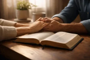 Bíblia aberta sobre uma mesa de madeira com mãos em gesto de parceria, simbolizando casamento bíblico, aliança e responsabilidade mútua em um ambiente doméstico iluminado suavemente.