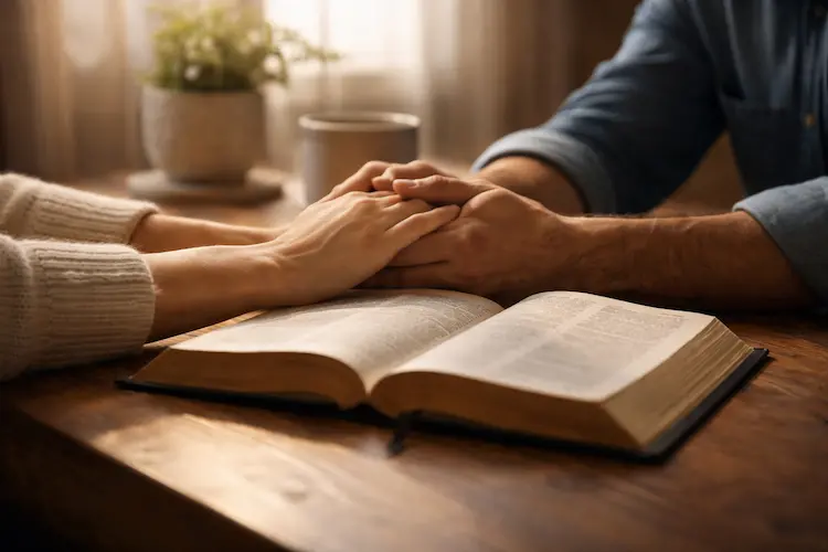 Bíblia aberta sobre uma mesa de madeira com mãos em gesto de parceria, simbolizando casamento bíblico, aliança e responsabilidade mútua em um ambiente doméstico iluminado suavemente.