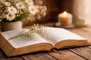 Bíblia aberta sobre mesa de madeira com flores brancas e vela acesa ao fundo, representando versículos para cura e fortalecimento da fé.