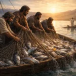 Discípulos puxando uma rede cheia de peixes ao amanhecer no mar da Galileia, com Jesus ao fundo na margem.