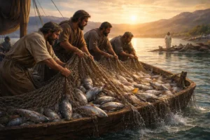 Discípulos puxando uma rede cheia de peixes ao amanhecer no mar da Galileia, com Jesus ao fundo na margem.