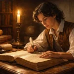 Ilustração histórica de jovem estudioso do século XVII traduzindo a Bíblia à luz de vela, cercado por livros antigos.