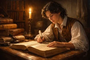 Ilustração histórica de jovem estudioso do século XVII traduzindo a Bíblia à luz de vela, cercado por livros antigos.