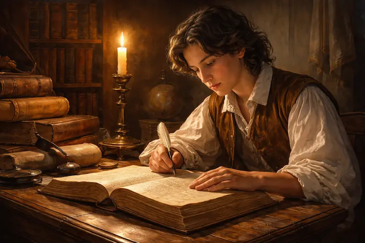 Ilustração histórica de jovem estudioso do século XVII traduzindo a Bíblia à luz de vela, cercado por livros antigos.