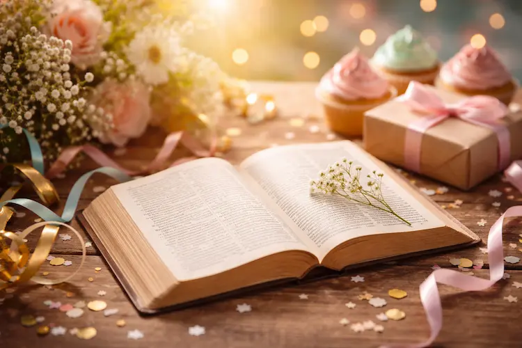 Bíblia aberta sobre uma superfície rústica com luz natural suave, simbolizando reflexão, fé e mensagens bíblicas para celebrar a vida em aniversários.