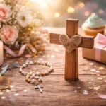 Elementos simbólicos cristãos em um ambiente sereno de celebração, representando gratidão, vida e bênção em aniversários cristãos.