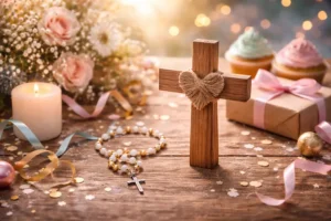 Elementos simbólicos cristãos em um ambiente sereno de celebração, representando gratidão, vida e bênção em aniversários cristãos.