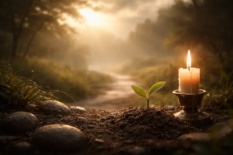 Imagem simbólica representando aniversário cristão no mês de fevereiro, com elementos naturais que transmitem serenidade, crescimento espiritual e esperança em Deus.