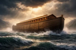 Ilustração realista da Arca de Noé flutuando em mar agitado sob céu nublado, representando o relato bíblico do dilúvio.
