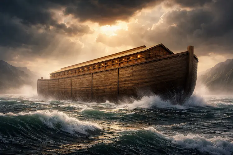 Ilustração realista da Arca de Noé flutuando em mar agitado sob céu nublado, representando o relato bíblico do dilúvio.